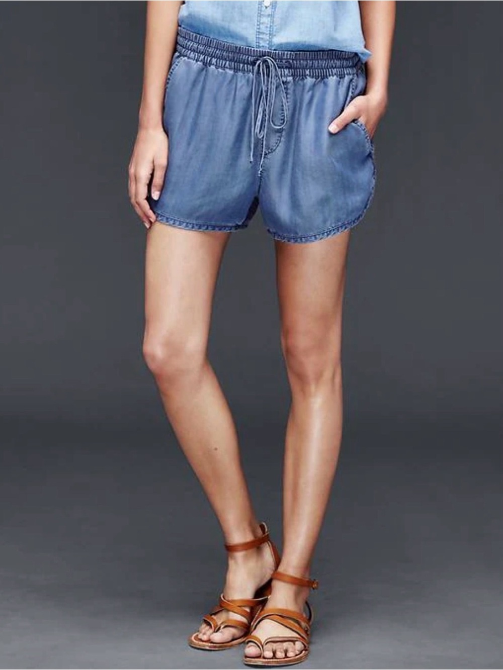 Light Blue Drawstring Chambray Women's Shorts